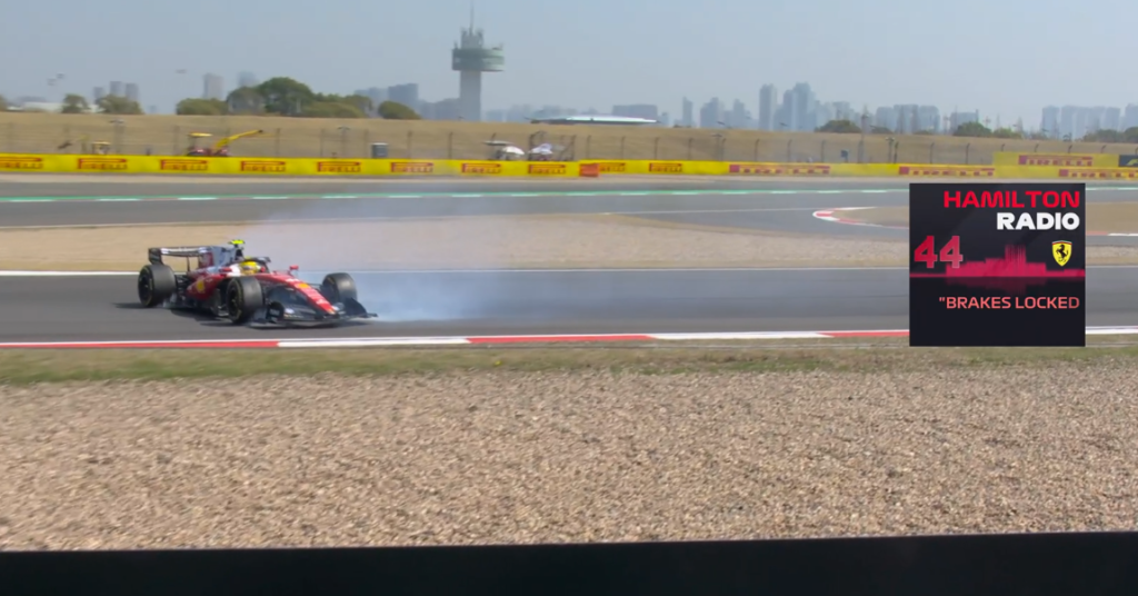 Hamilton Spin at Turn 6 - China GP Lewis Hamilton's Ferrari caught in a spin after a rear axle lockup at Turn 6 during Free Practice 1 at the 2025 Chinese Grand Prix in Shanghai.