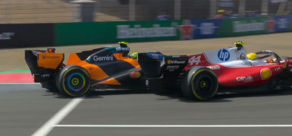 Norris and Hamilton incident China GP Lando Norris in the McLaren makes light contact with Lewis Hamilton's Ferrari while running side by side through Turn 16 at the Shanghai International Circuit during Free Practice 1 at the 2025 Chinese Grand Prix.
