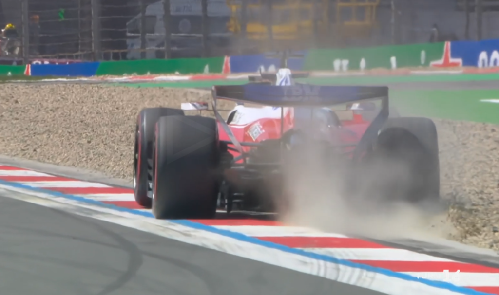 LeClerc understeer into turn 16 Charles Leclerc's Ferrari in the gravel trap at Turn 16 after running wide with understeer during Free Practice 1 at the 2025 Chinese Grand Prix in Shanghai.