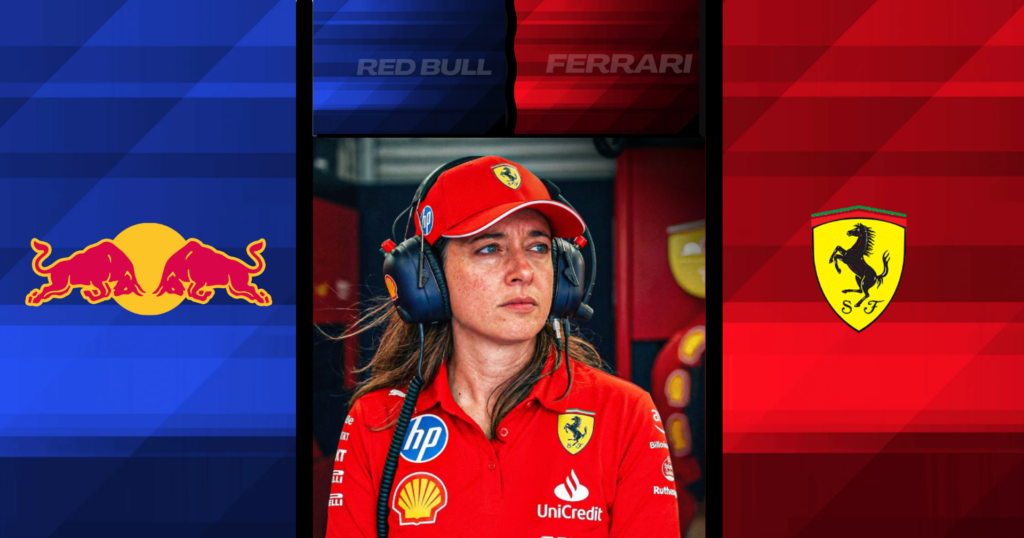Hannah Schmitz wearing headset in Red Bull Racing garage with Red Bull logo on left side and Ferrari logo on right side, representing her potential move from Red Bull to Ferrari