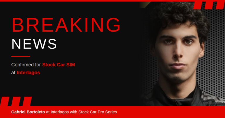 Gabriel Bortoleto in dark jacket with Breaking News graphic announcing his confirmed appearance at the Stock Car Pro Series SIM event at Interlagos